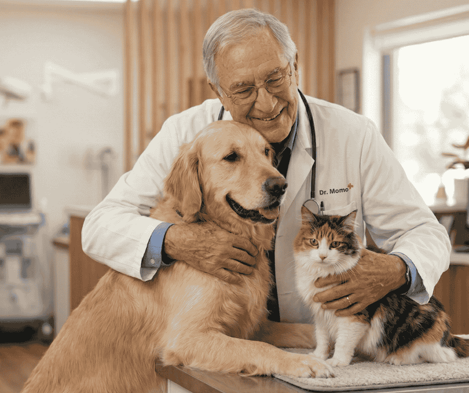 Dr. Momo mosolygós állatorvos öleli a Golden Retriever kutyát és a trikolór macskát a rendelőben a diagnózis megértése után.