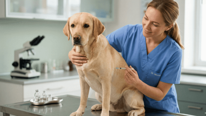 Állatorvos citológiai mintát vesz egy nyugodt kutyától a Dr. Momo rendelőben mikroszkóppal a háttérben