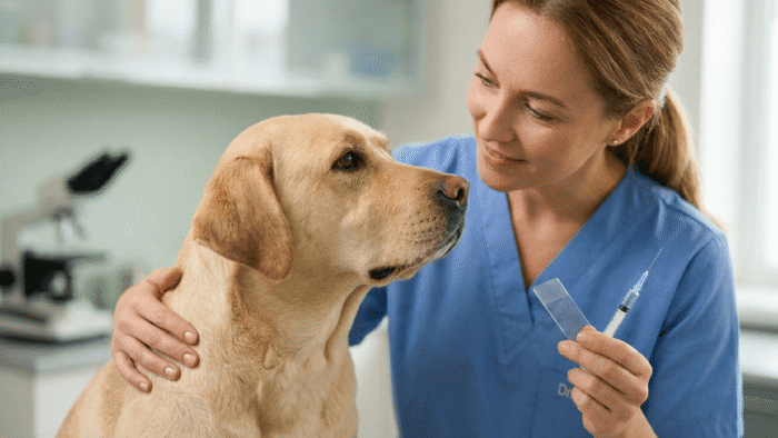 Állatorvos és nyugodt kutya: citológiai és biopsziás mintavétel szimbolikus megjelenítése mikroszkóppal és tárgylemezzel